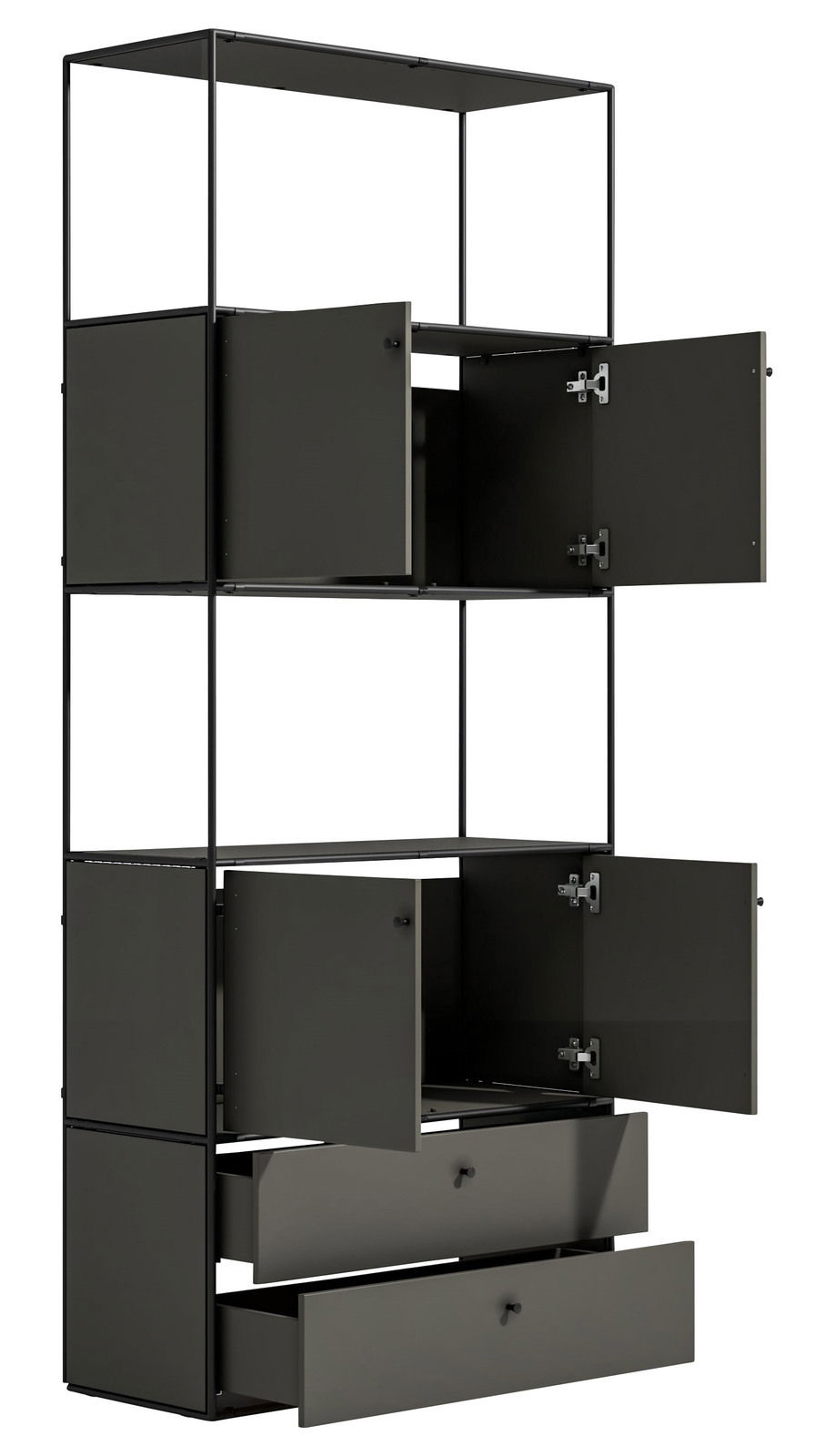 Schwarzes, hohes Regal mit offenen Schranktüren und Schubladen, seitliche Perspektive