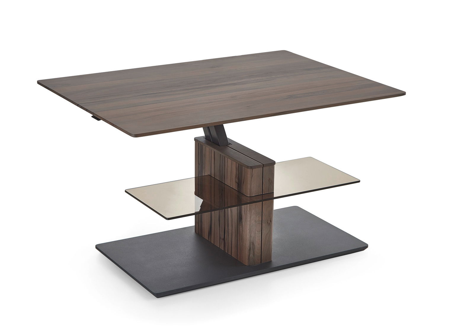 Moderner Couchtisch mit Holzoptik, Glasablage und Metallfuß, seitliche Perspektive