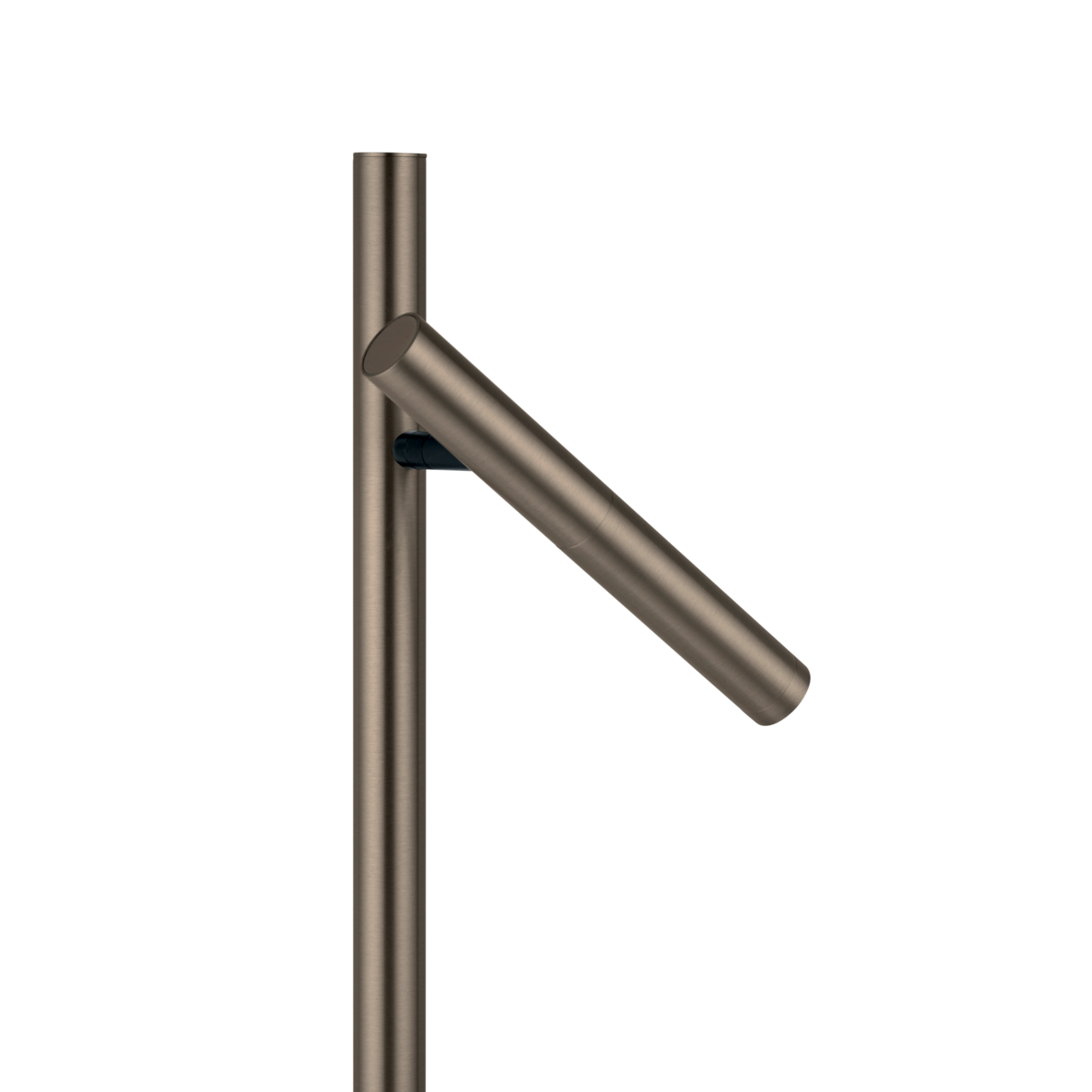 Seitliche Ansicht einer modernen LED-Tisch- und Leseleuchte in Metalloptik.