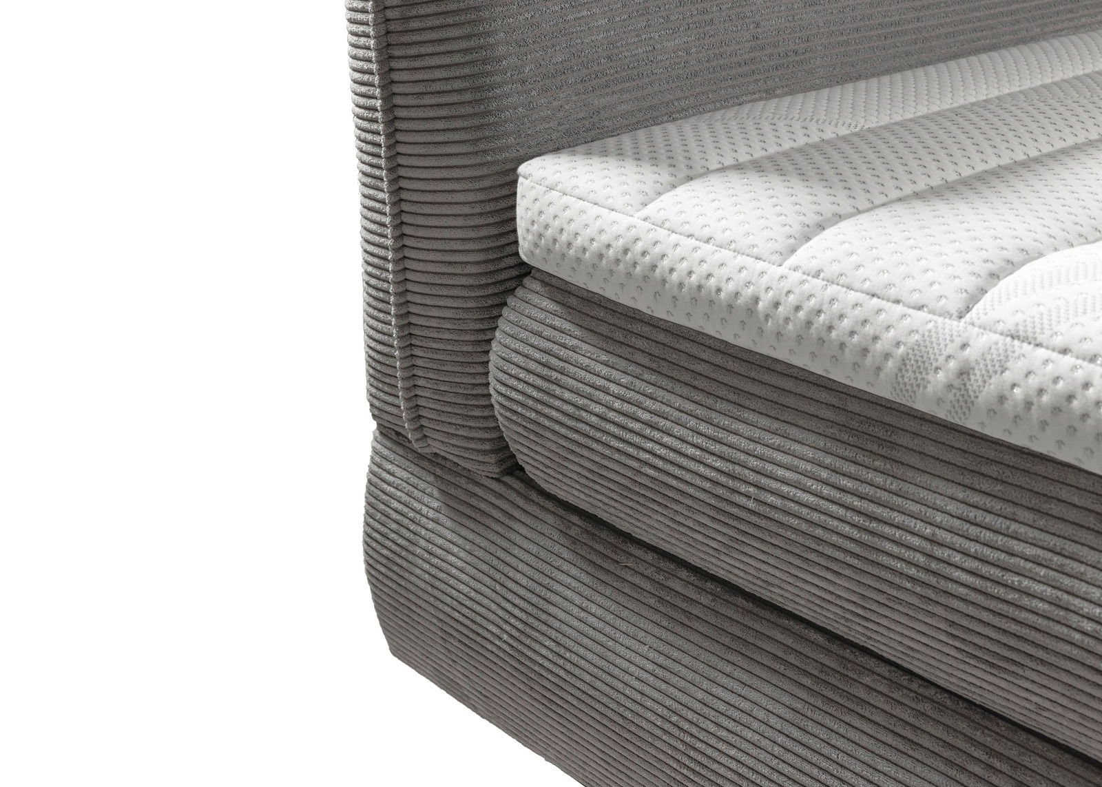 Nahaufnahme eines grauen Boxspringbetts mit gestepptem weißen Topper, seitliche Perspektive
