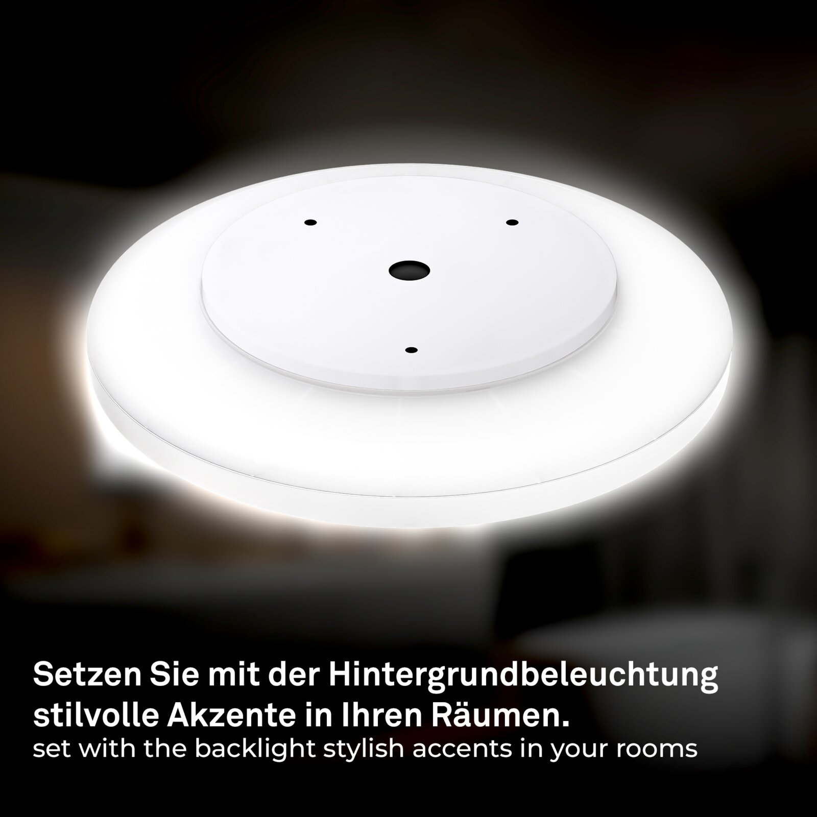 Witte ronde LED-plafondlamp met subtiele achtergrondverlichting (backlight), gezien schuin van boven (bovenaanzicht), op donkere achtergrond.