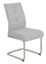 Grauer Schwingstuhl mit gepolsterter Sitzfläche und Rückenlehne, seitliche Perspektive