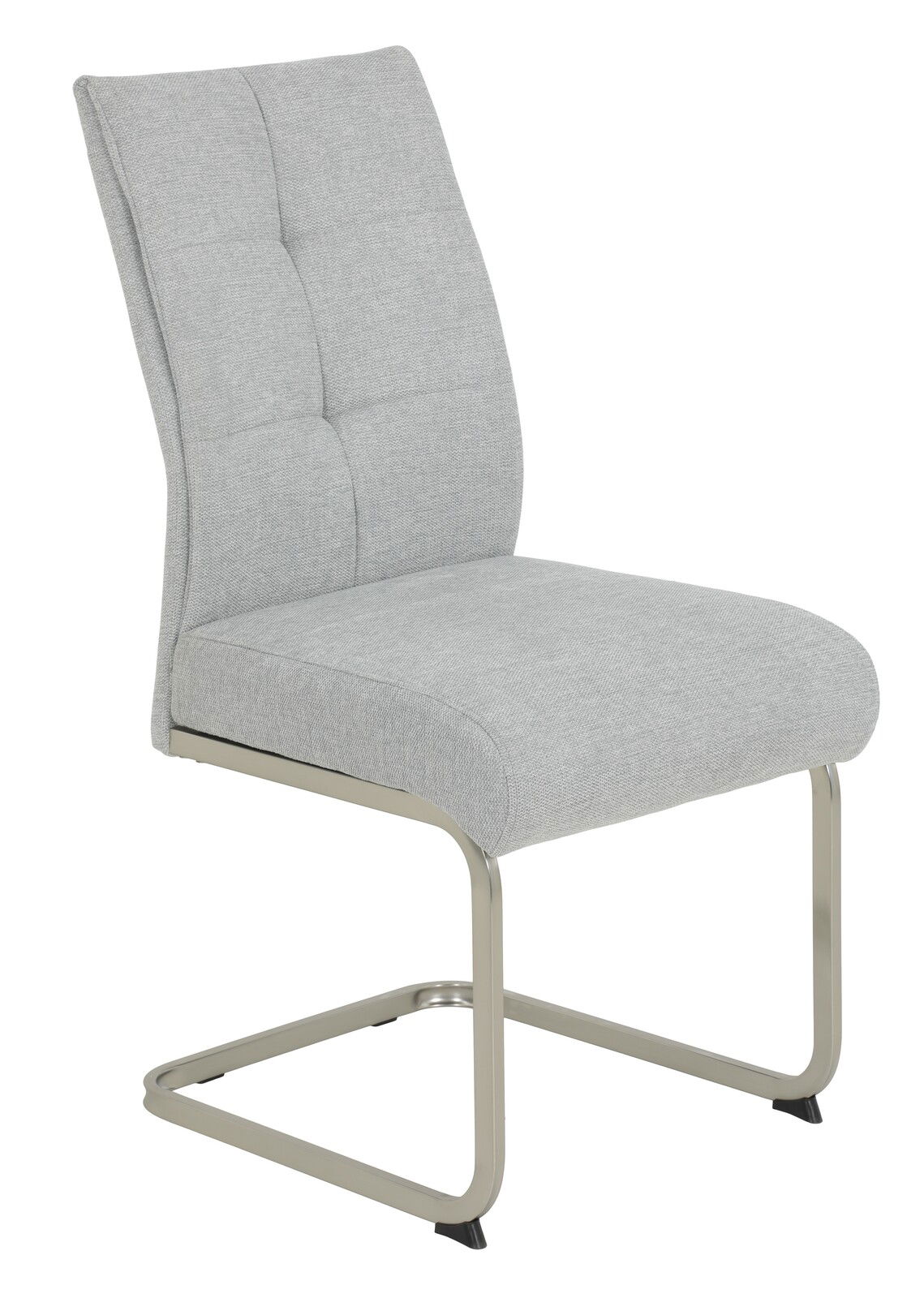 Grauer Schwingstuhl mit gepolsterter Sitzfläche und Rückenlehne, seitliche Perspektive