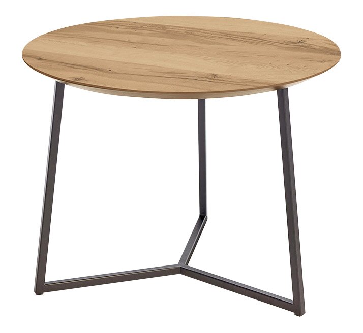 Runder Beistelltisch mit Holzplatte und Metallgestell, seitliche Perspektive