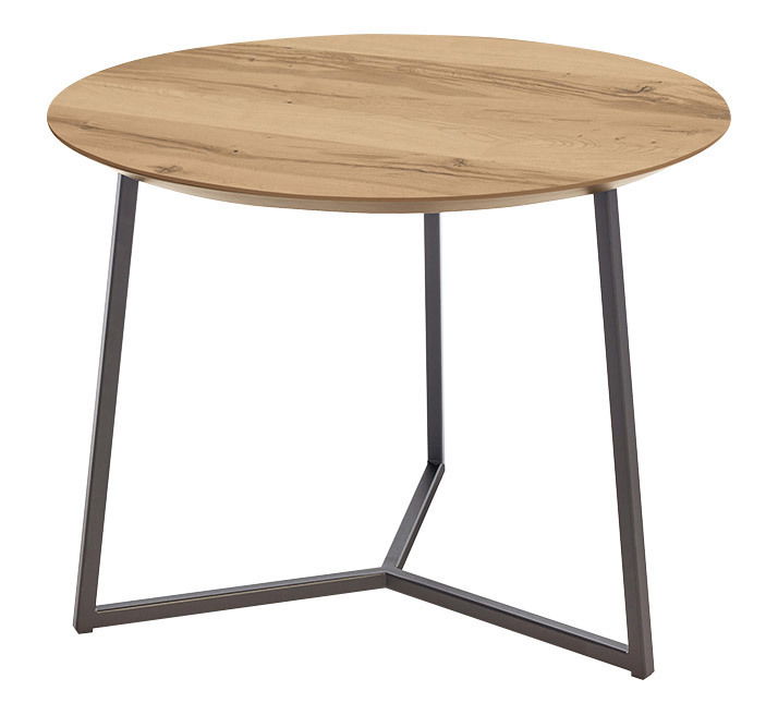 Runder Beistelltisch mit Holzplatte und Metallgestell, seitliche Perspektive