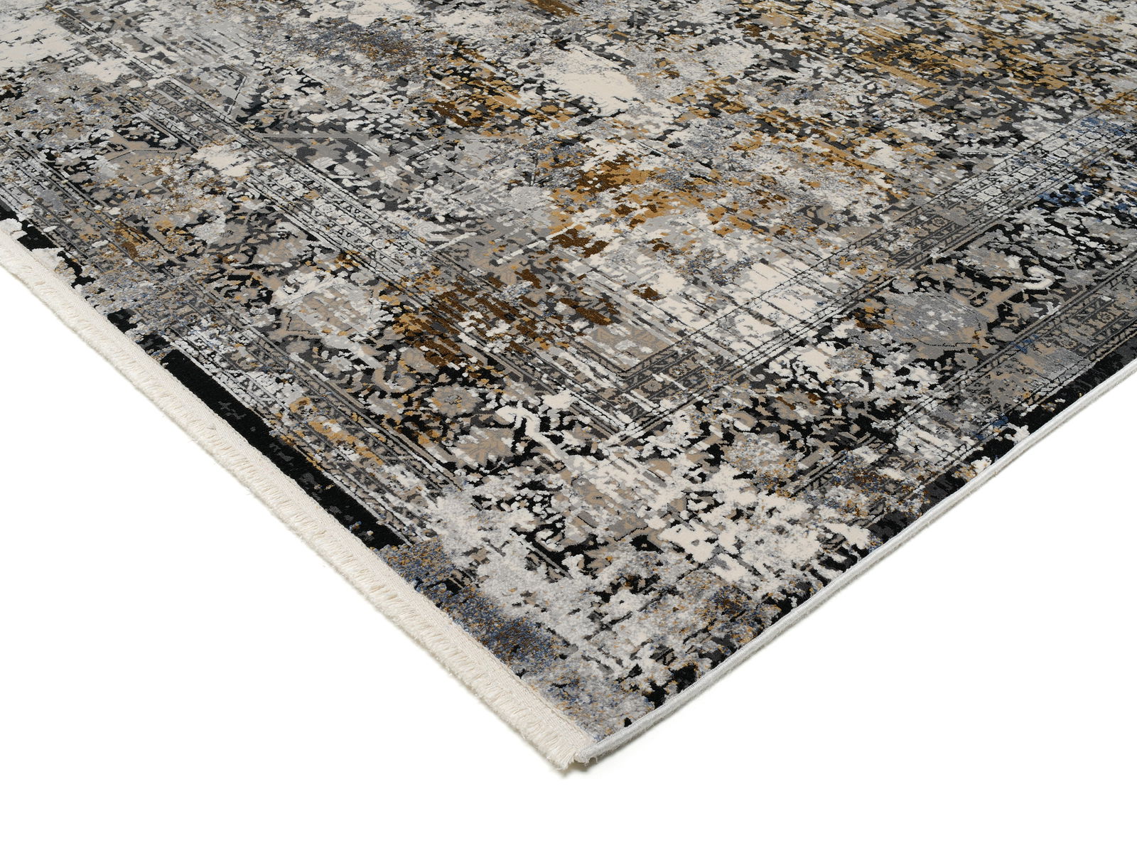 Designer Teppich mit abstraktem Muster in Grau-, Schwarz- und Goldtönen, perspektivisch von der Seite aufgenommen.