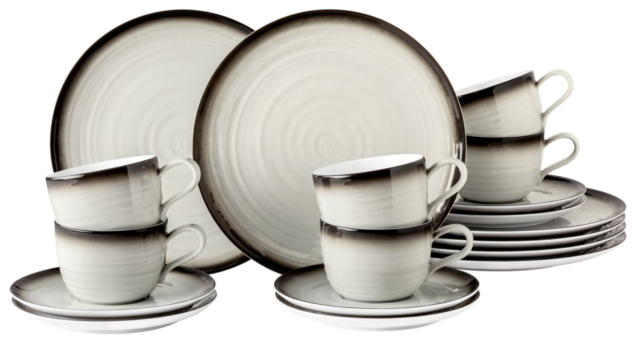 Kaffeeservice 18-tlg. in elegantem Design mit grauen und weißen Tönen, bestehend aus Tassen, Untertassen und Tellern, seitliche Perspektive