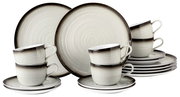 Kaffeeservice 18-tlg. in elegantem Design mit grauen und weißen Tönen, bestehend aus Tassen, Untertassen und Tellern, seitliche Perspektive