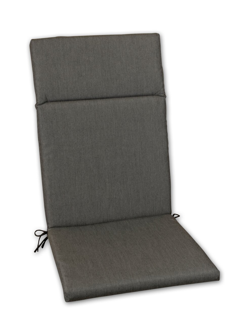 Graue Hochlehnerauflage mit seitlichen Bändern, frontal fotografiert.