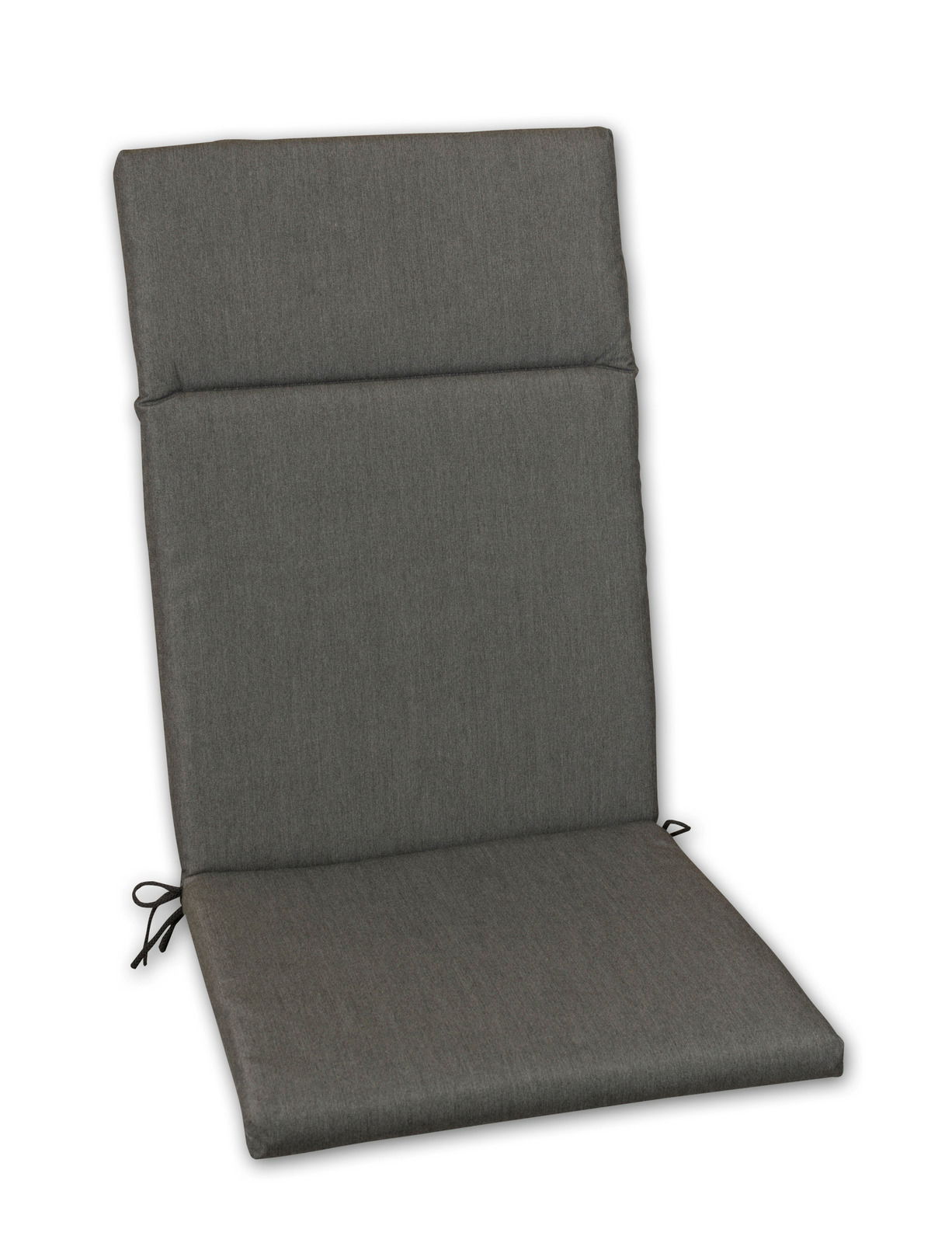 Graue Hochlehnerauflage mit seitlichen Bändern, frontal fotografiert.