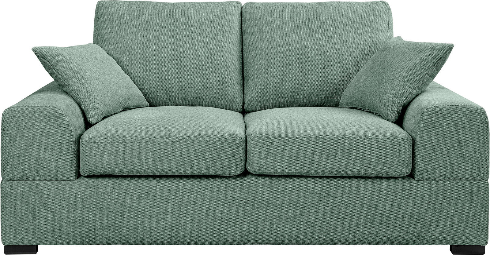 Grünes 2-Sitzer-Sofa mit Stoffbezug, zwei Sitz- und Rückenkissen sowie zwei Zierkissen, Frontansicht