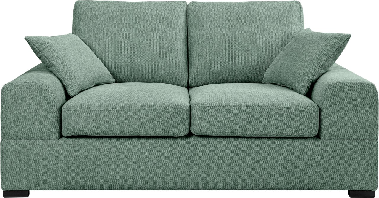 Grünes 2-Sitzer-Sofa mit Stoffbezug, zwei Sitz- und Rückenkissen sowie zwei Zierkissen, Frontansicht