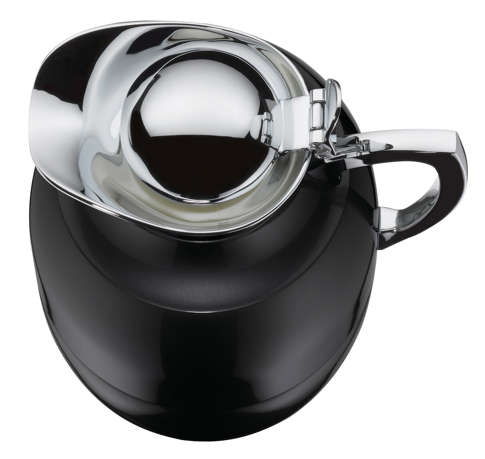 Schwarze Isolierkanne Juwel mit glänzendem Chromdeckel und Griff, Ansicht von oben.