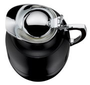 Schwarze Isolierkanne Juwel mit glänzendem Chromdeckel und Griff, Ansicht von oben.