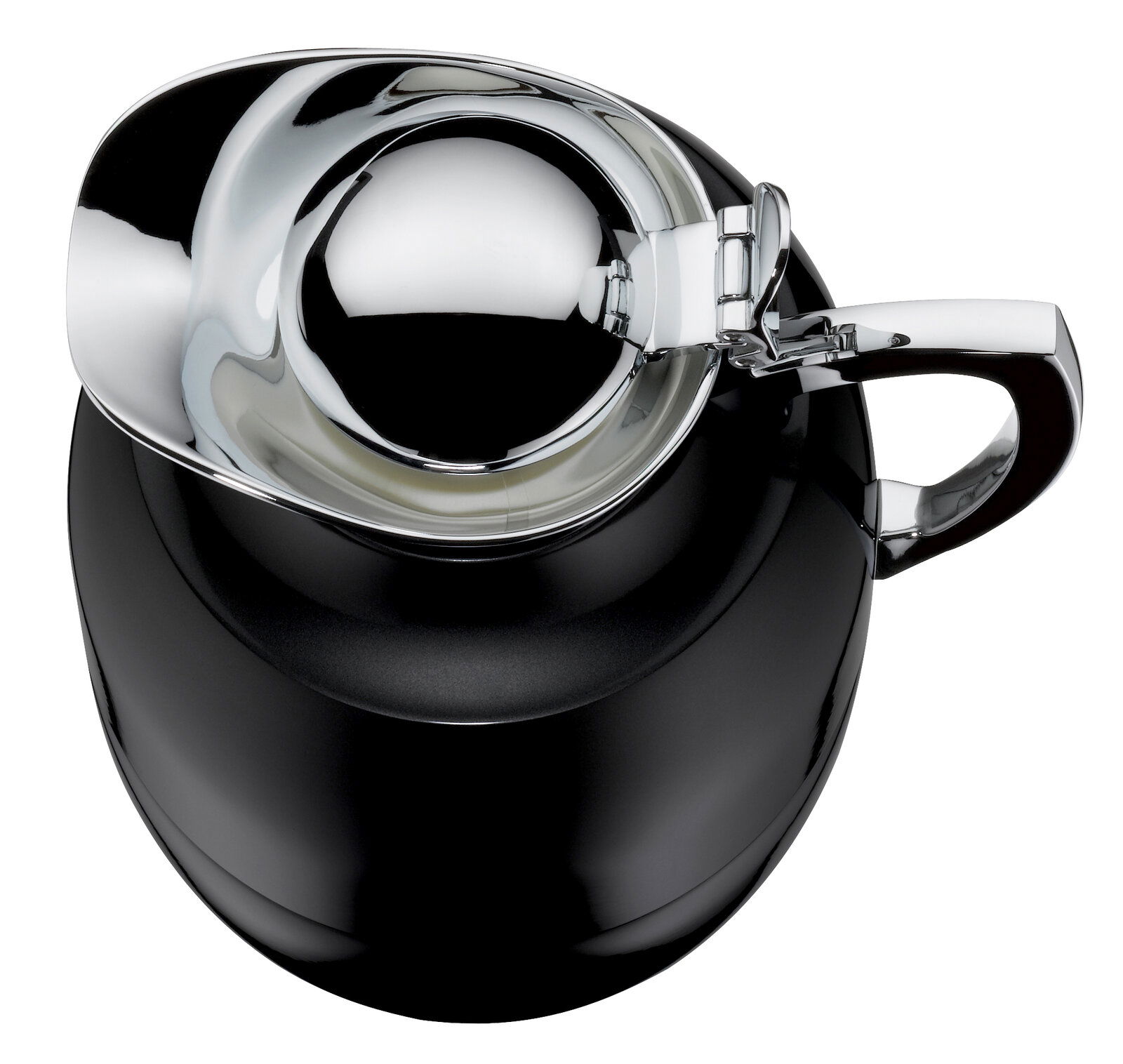 Schwarze Isolierkanne Juwel mit glänzendem Chromdeckel und Griff, Ansicht von oben.