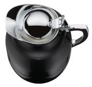 Schwarze Isolierkanne Juwel mit glänzendem Chromdeckel und Griff, Ansicht von oben.