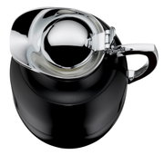 Schwarze Isolierkanne Juwel mit glänzendem Chromdeckel und Griff, Ansicht von oben.