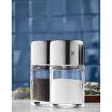 Salz- und Pfefferstreuer-Set BEL GUSTO aus Glas und Edelstahl, Vorderansicht vor blauem Hintergrund.