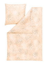 Bettwäsche-Set in Beige mit elegantem, floralen Muster, bestehend aus einem Kissenbezug und einem Bettdeckenbezug, aus der Vogelperspektive fotografiert.
