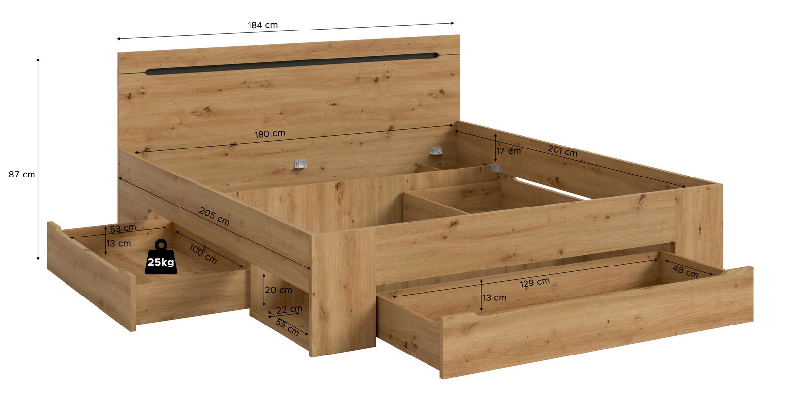 Holzbettgestell in Eiche-Optik mit hohem Kopfteil und zwei ausgezogenen Bettkästen, Maßeinblendungen sichtbar, Perspektive: schräg von vorn/seitlich (3/4-Ansicht)