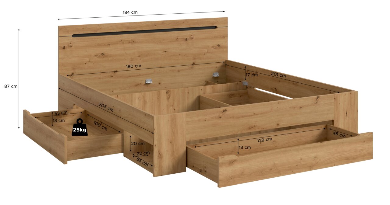 Holzbettgestell in Eiche-Optik mit hohem Kopfteil und zwei ausgezogenen Bettkästen, Maßeinblendungen sichtbar, Perspektive: schräg von vorn/seitlich (3/4-Ansicht)