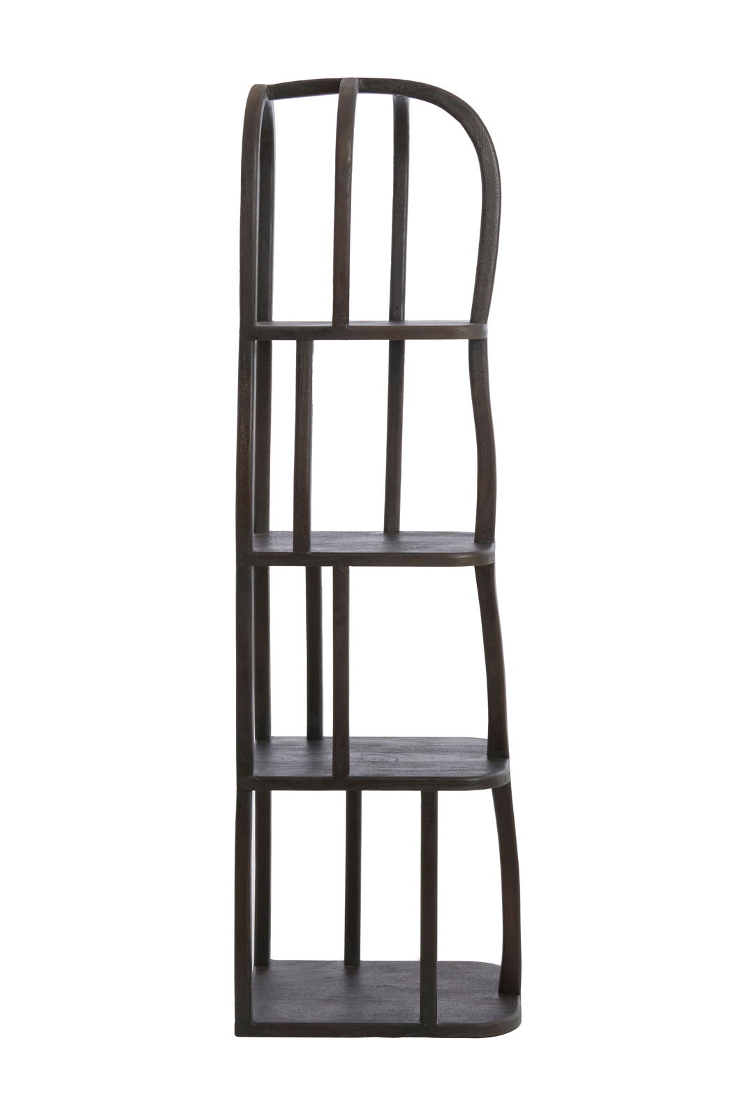 Schwarzes, modernes Regal mit geschwungenen Linien, seitliche Perspektive