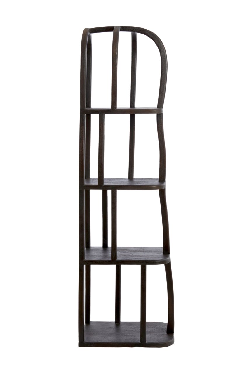 Schwarzes, modernes Regal mit geschwungenen Linien, seitliche Perspektive
