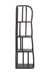 Schwarzes, modernes Regal mit geschwungenen Linien, seitliche Perspektive