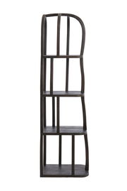 Schwarzes, modernes Regal mit geschwungenen Linien, seitliche Perspektive