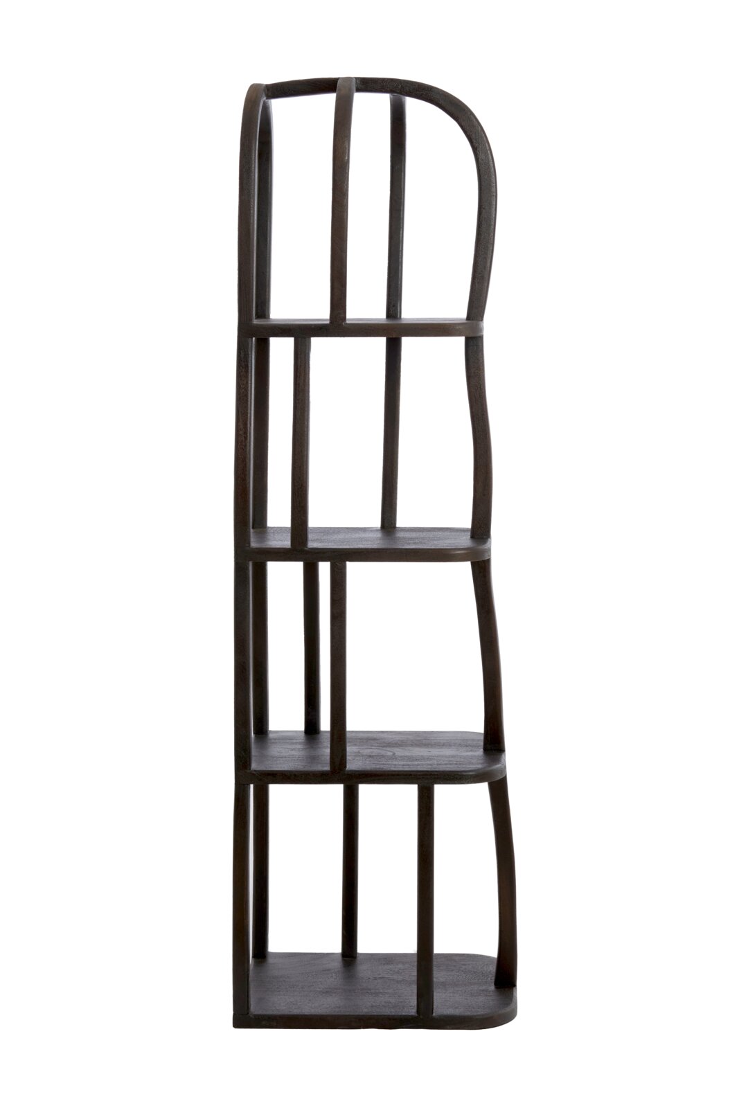 Schwarzes, modernes Regal mit geschwungenen Linien, seitliche Perspektive