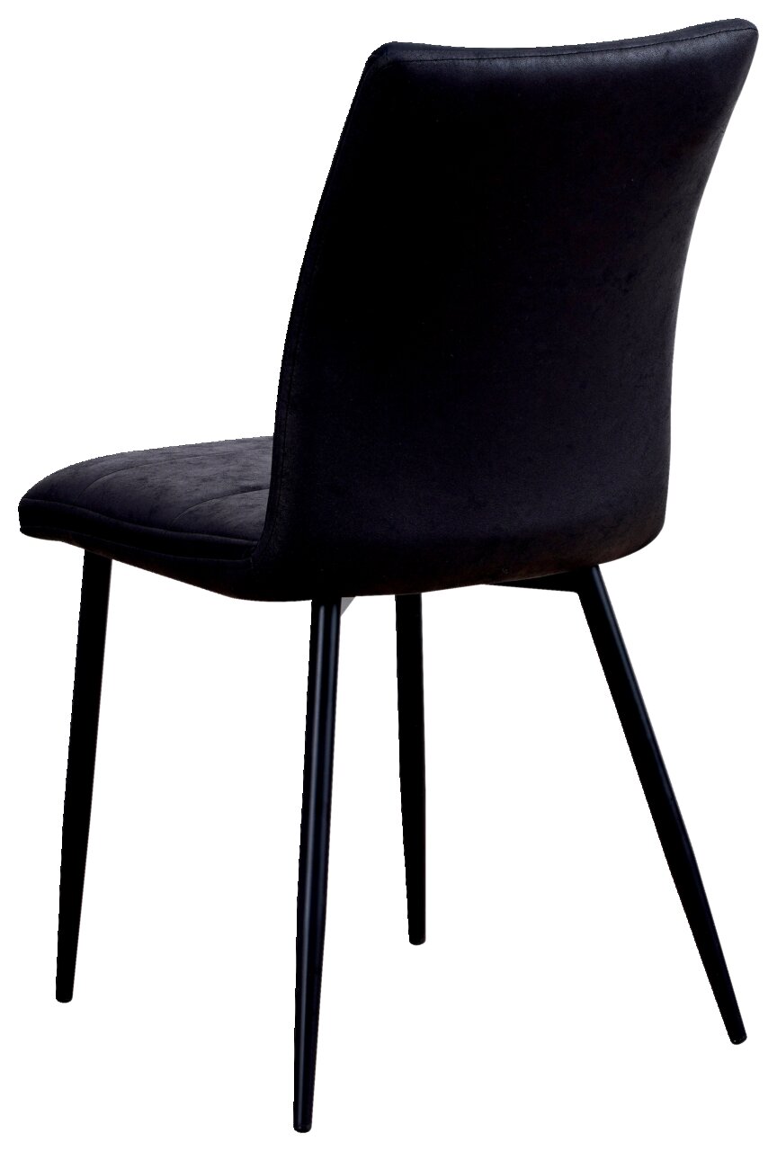 Achterkant van een moderne zwarte stoel met slanke metalen poten.
