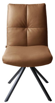 Moderner brauner Stuhl mit gepolsterter Rückenlehne und schwarzem Metallgestell, Frontalansicht