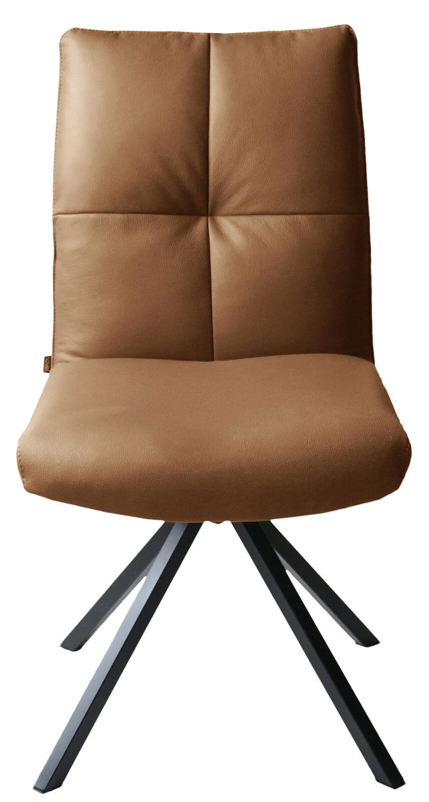 Moderner brauner Stuhl mit gepolsterter Rückenlehne und schwarzem Metallgestell, Frontalansicht