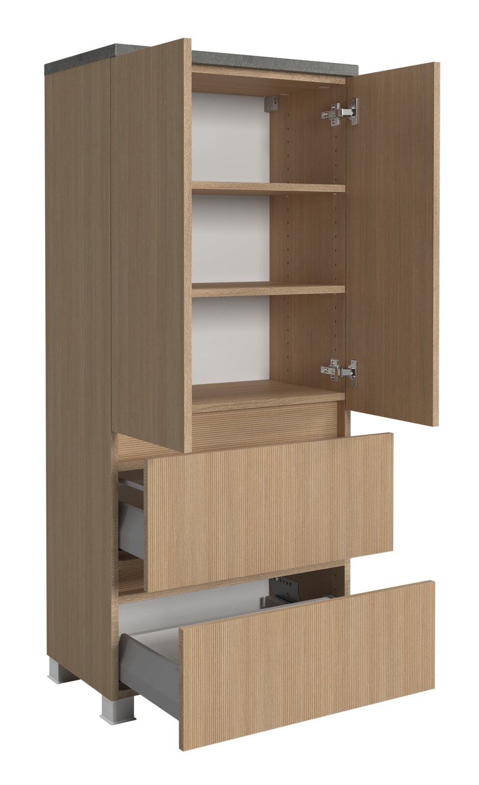 Midischrank 60 cm aus Holz mit zwei offenen Schubladen und geöffneten Türen, seitliche Perspektive