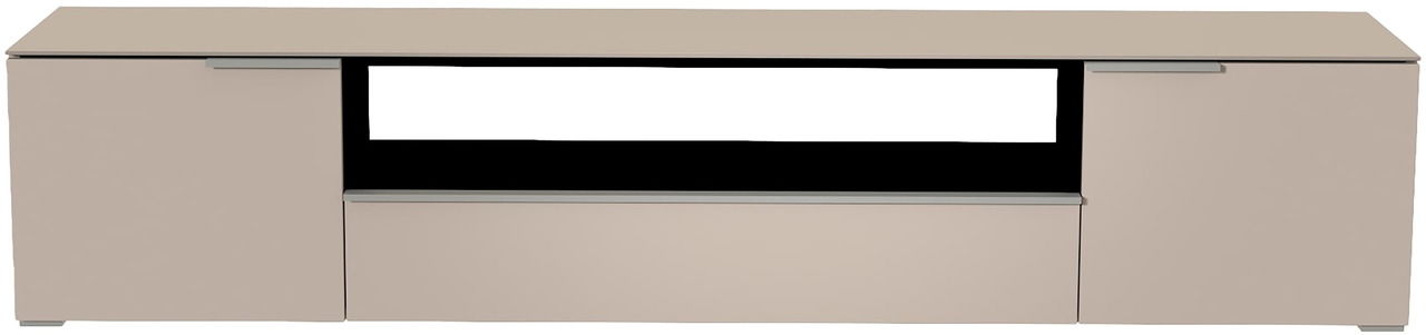 Frontansicht eines modernen XL TV-Lowboards in neutralem Beige mit zwei Türen und einem offenen Fach in der Mitte.