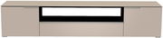 Frontansicht eines modernen XL TV-Lowboards in neutralem Beige mit zwei Türen und einem offenen Fach in der Mitte.