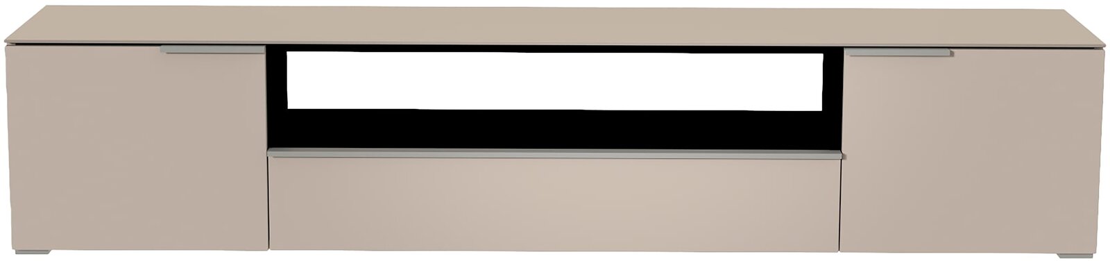 Frontansicht eines modernen XL TV-Lowboards in neutralem Beige mit zwei Türen und einem offenen Fach in der Mitte.
