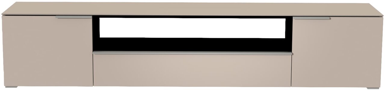Moderano XL TV-Lowboard BORMIO Frontansicht eines modernen XL TV-Lowboards in neutralem Beige mit zwei Türen und einem offenen Fach in der Mitte.
