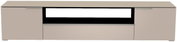 Vooraanzicht van een modern XL-tv-lowboard in neutraal beige, met twee deuren en een open vak in het midden.