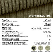 Nahaufnahme (Detailansicht) eines khakifarbenen Cordstoffs mit Rippenstruktur; Materialmix 90% PES und 10% NY, Scheuertouren 35.000, Abriebfestigkeit 4–5, Pillingfestigkeit 5, mit Pflege- und Zertifikatsymbolen (OEKO-TEX Standard 100, pet friendly, easy c