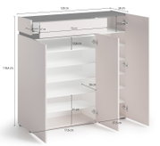 Weißer Mehrzweckschrank/Kommode mit grauer Deckplatte, zwei geöffneten Türen und sichtbaren Einlegeböden sowie Schublade, mit Maßangaben, in schräger Frontansicht von rechts (3/4-Perspektive)