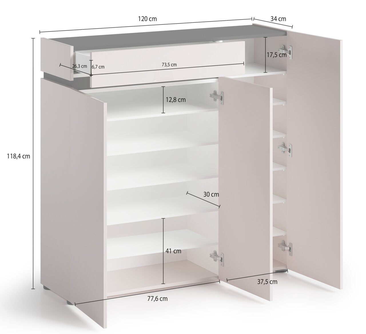 Witte multifunctionele kast/commode met grijs bovenblad, twee open deuren en zichtbare legplanken, evenals een lade, met afmetingen, in een schuin vooraanzicht vanaf de rechterkant (3/4-perspectief)