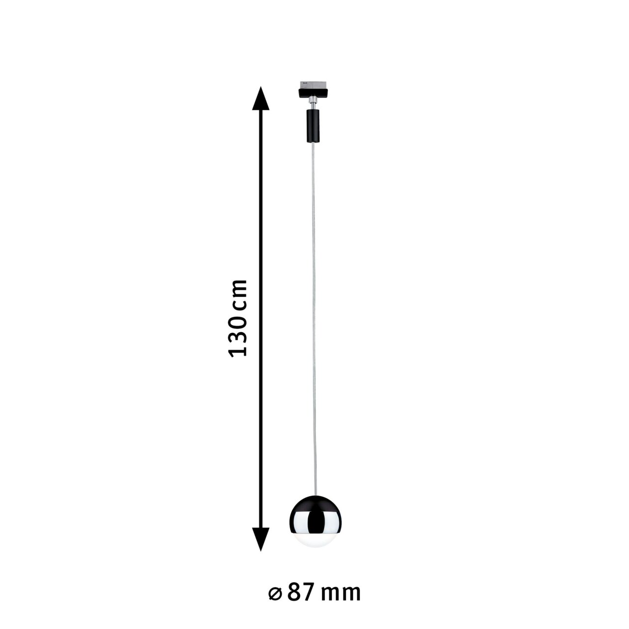 Schienenpendel Capsule, Seitenansicht, 130 cm lang, 87 mm Durchmesser, modernes Design