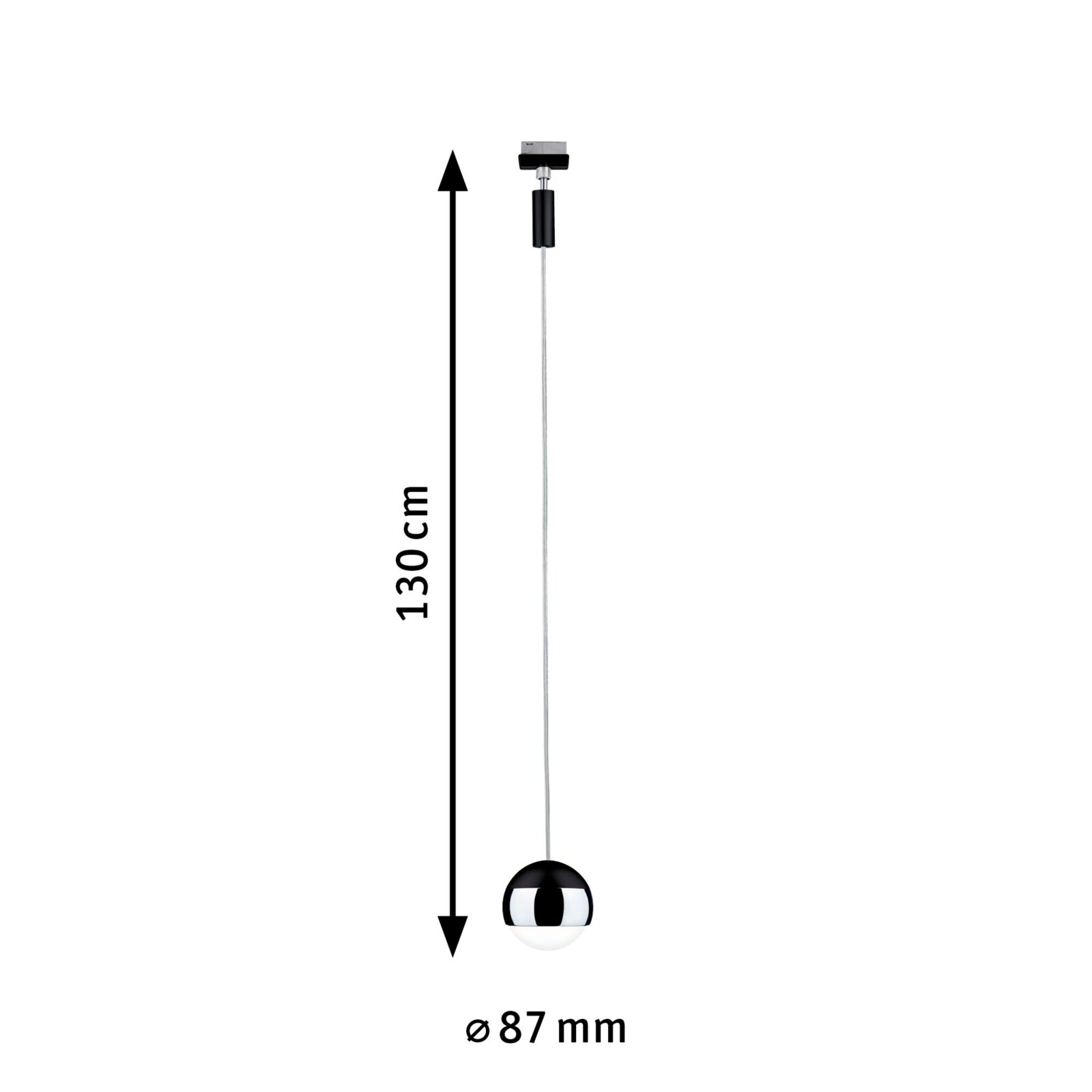 Schienenpendel Capsule, Seitenansicht, 130 cm lang, 87 mm Durchmesser, modernes Design