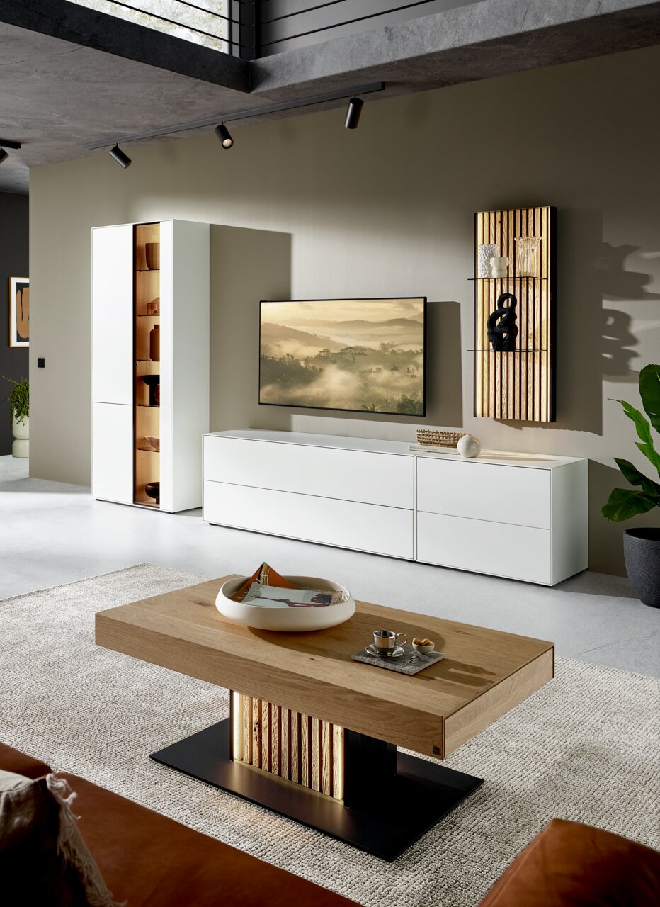 Moderner Couchtisch aus Holz mit schwarzem Sockel, frontal fotografiert in einem stilvollen Wohnzimmer.