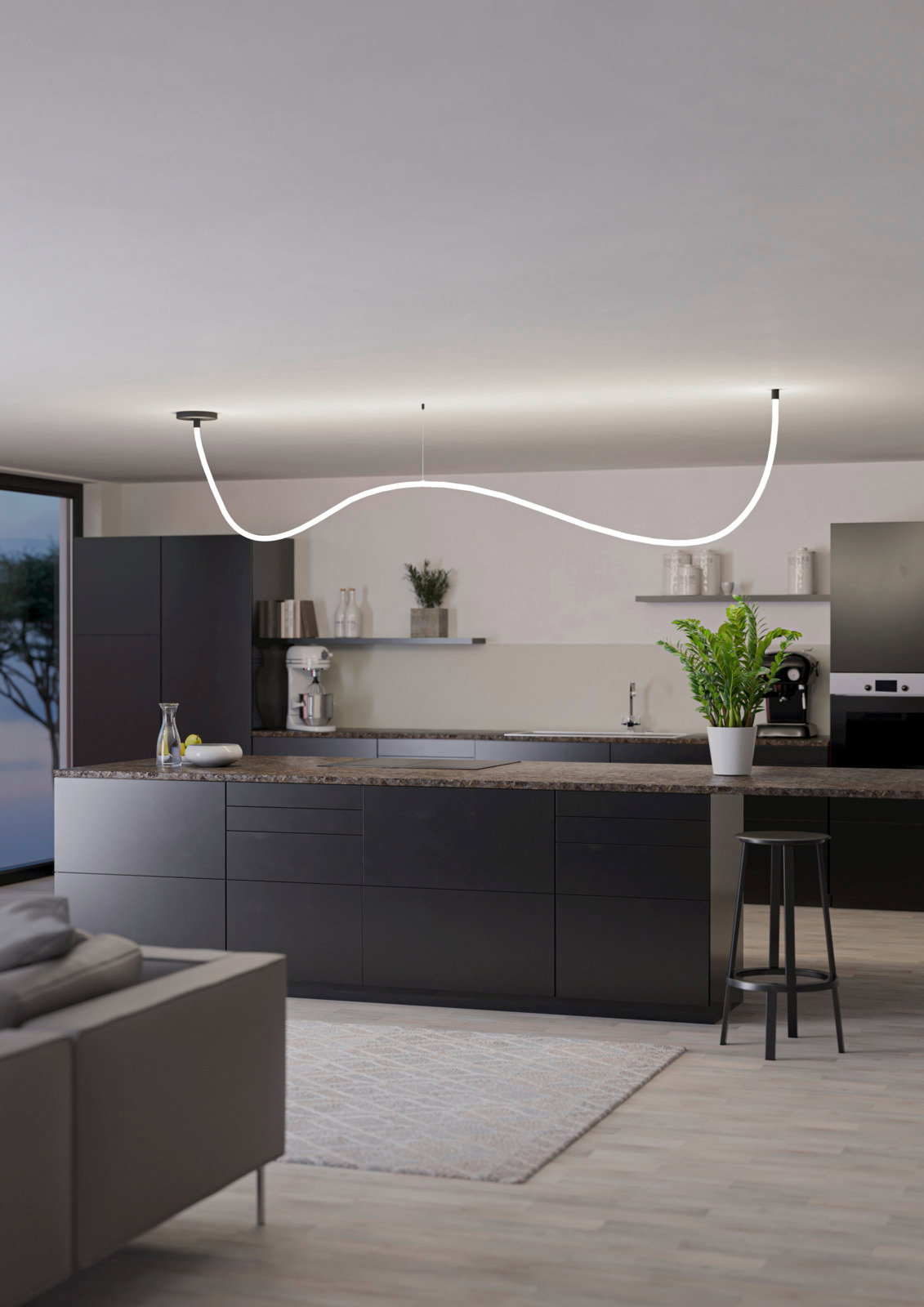 Eglo Leuchten LED-Lichtschlauch/Glow-Line GLOW UP Moderne Küche mit geschwungenem LED-Lichtschlauch an der Decke, seitliche Perspektive