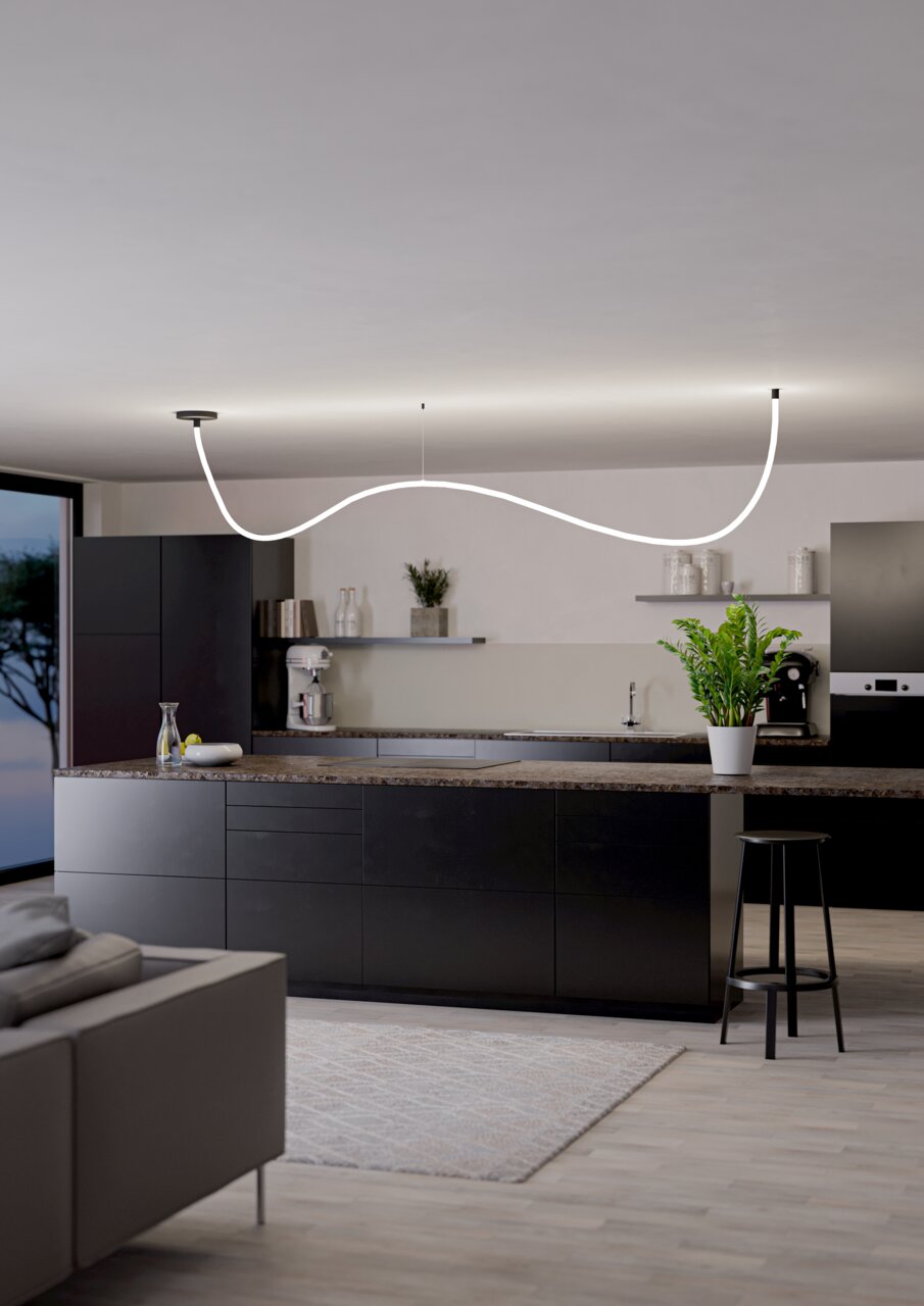 Eglo Leuchten LED-Lichtschlauch/Glow-Line GLOW UP Moderne Küche mit geschwungenem LED-Lichtschlauch an der Decke, seitliche Perspektive