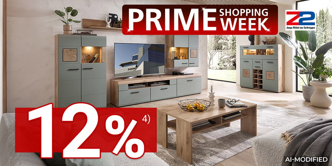 AI-modified: Modernes Wohnzimmer mit Wohnwand, Sofa und Couchtisch; Logos „Prime Shopping Week“ und Z2.
