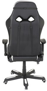 Rückansicht eines schwarzen Gaming-Stuhls mit verstellbaren Armlehnen und Rollen