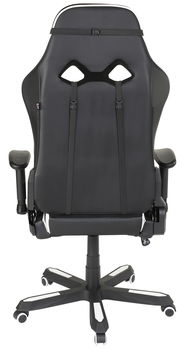 Rückansicht eines schwarzen Gaming-Stuhls mit verstellbaren Armlehnen und Rollen